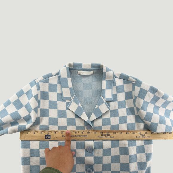 Oak + Fort Blue Cream Check Knit Short Sleeve Cardigan Top Women’s XS/S - Picture 4 of 7